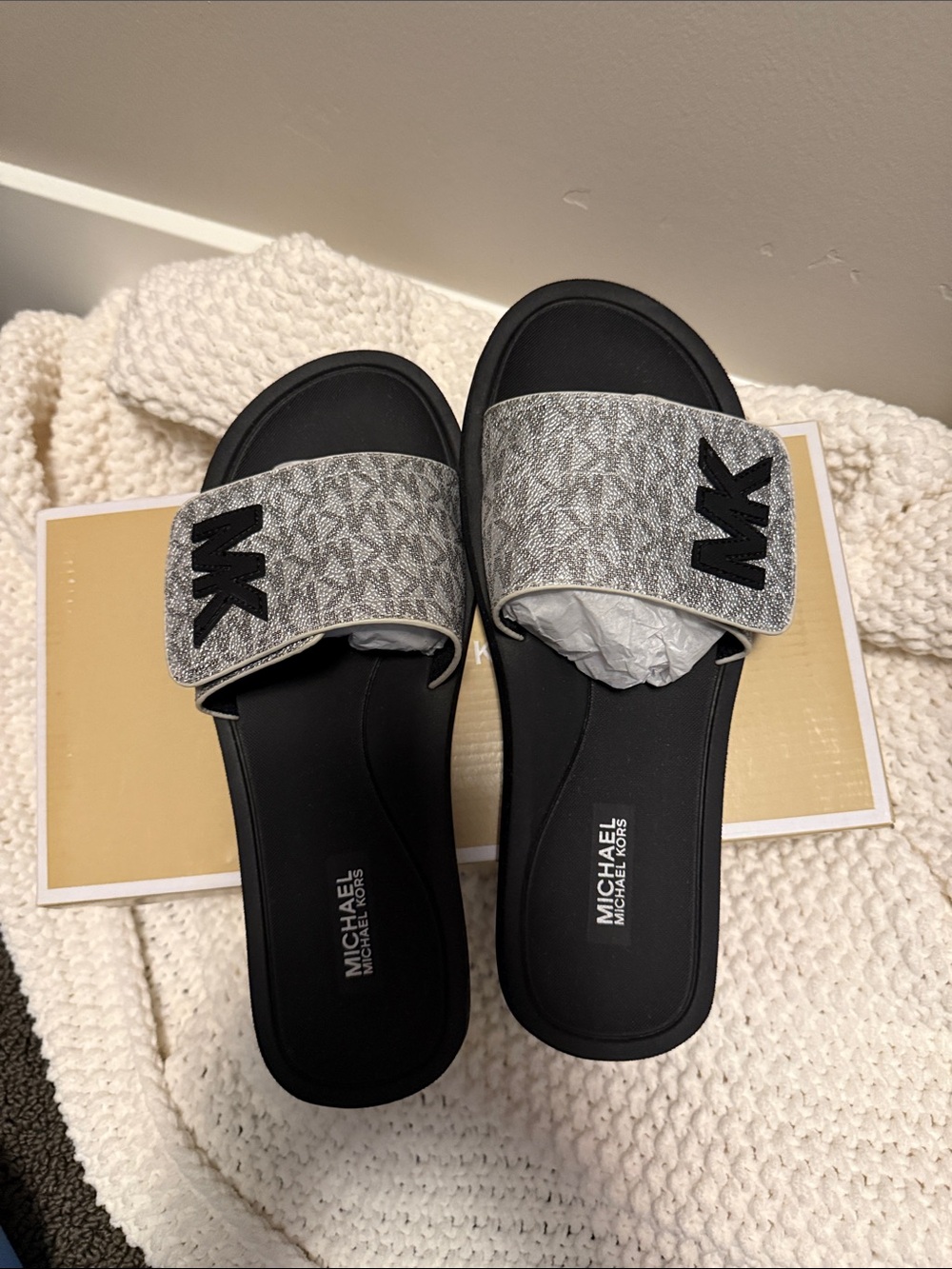 Michael Kors Black Footbed Slides with Silver MK Strap